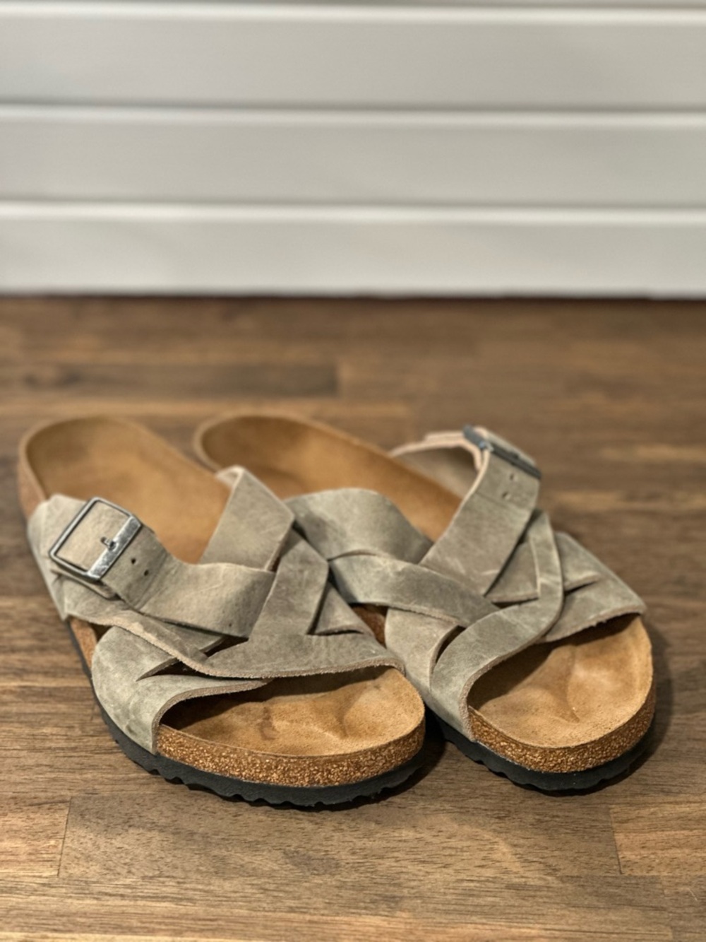 Suede Crisscross Birkenstock Sandals in Taupe
